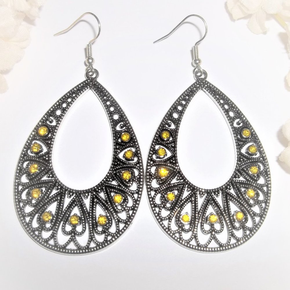 Hoop Earring Silver & Faux Citrine Yellow Rhinestones Teardrop Heart Drop A491